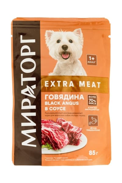 Влажный корм Мираторг для собак мелких пород с говядиной Black Angus в соусе Extra Meat, 85 г