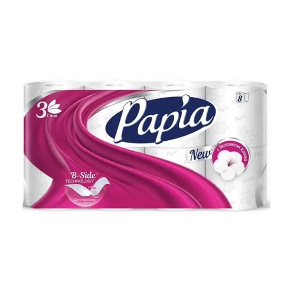 Туалетная бумага 3 слоя Papia белая, 8шт