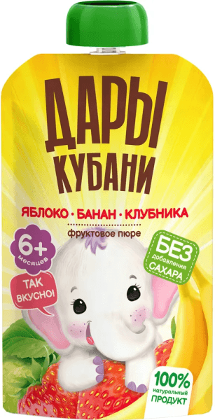 Пюре фруктовое из яблок, бананов и клубники Дары Кубани 90г