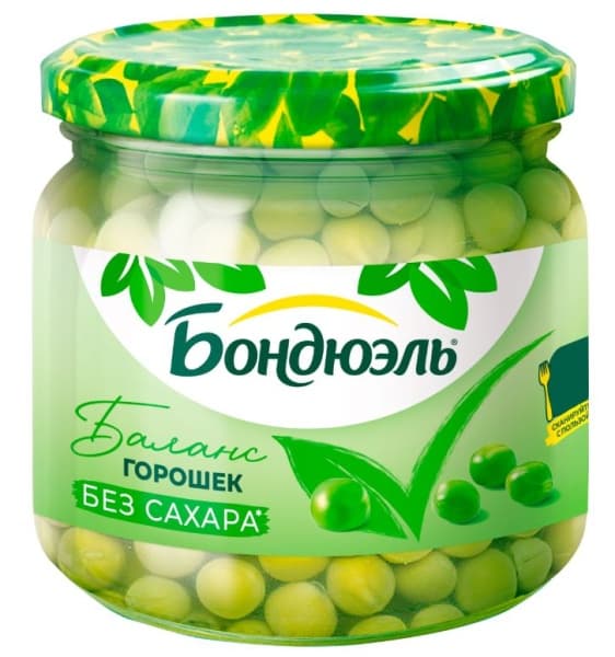 Горошек зеленый без сахара Бондюэль, 350 мл ст/б