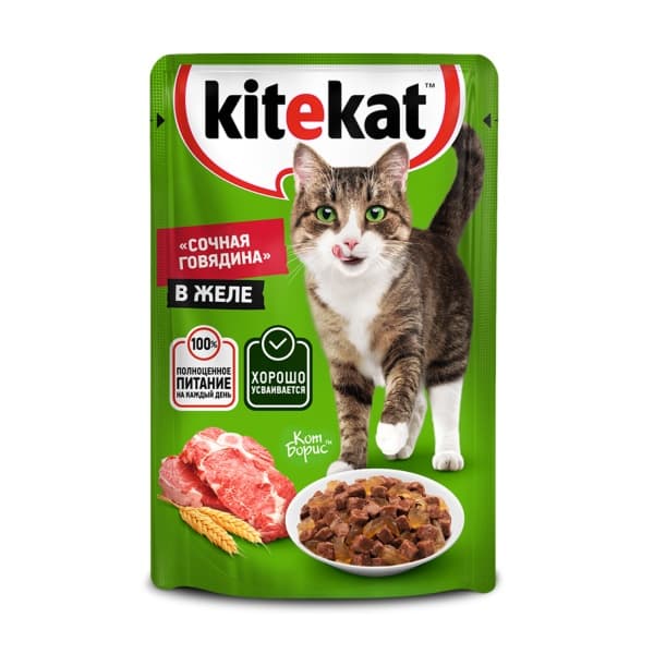 Влажный корм для кошек Говядина в желе Kitekat, 85г