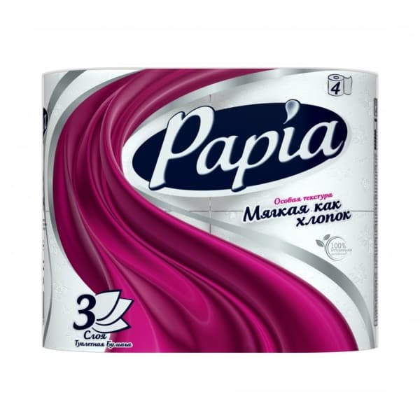 Туалетная бумага 3 слоя Papia белая, 4шт 