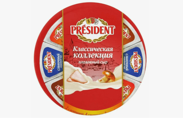 Сыр плавленый сливочный с ветчиной и с грибами 45% PRESIDENT, 140гр