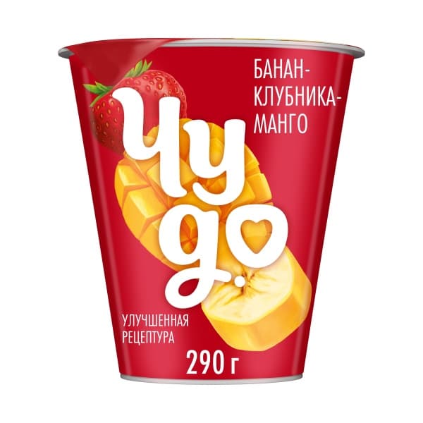 Йогурт вязкий банан,клубника,манго Чудо 2% 290г стакан