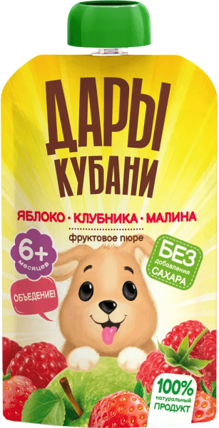 Пюре фруктовое из яблок, клубники и малины Дары Кубани 90г