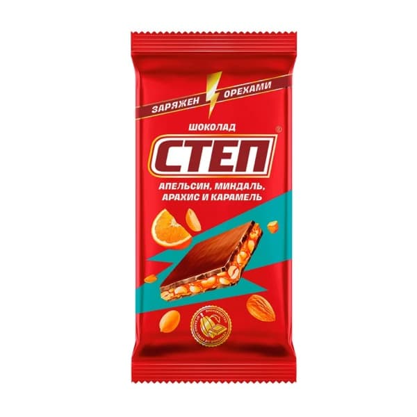 Шоколад Степ c миндалем, апельсином, арахисом, карамелью 80г