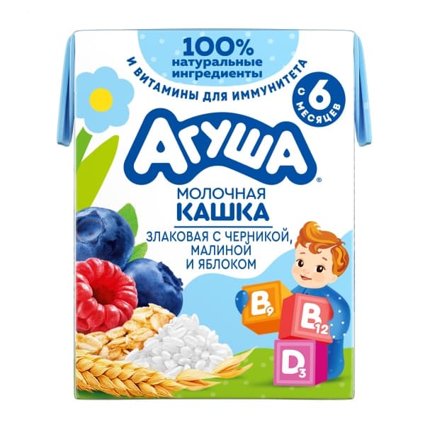 Кашка молочная жидкая злаковая яблоко,малина,черника Агуша 2,7% 200мл