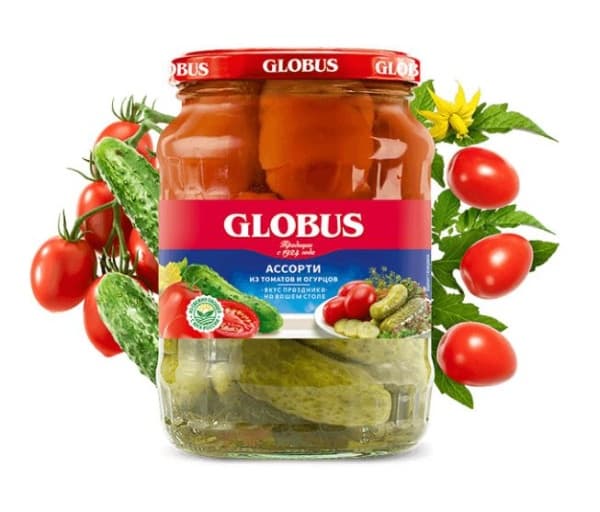 Ассорти из томатов и огурцов маринованное Глобус, 720 мл