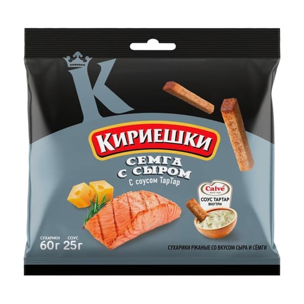 Сухарики ржаные со вкусом семги и сыра, 60г + тартар 25мл