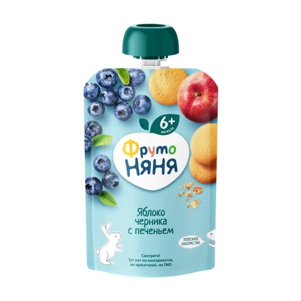 Пюре с печеньем, яблоком, черникой ФрутоНяня, 90г