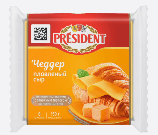 Сыр плавленый ломтевой Чеддр 40% PRESIDENT, 150гр