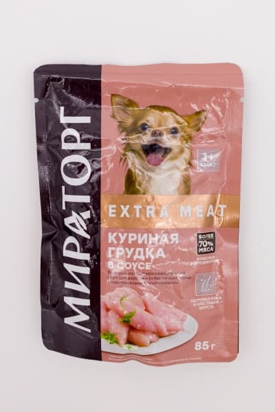 Влажный корм Мираторг для собак мелких пород с чувствительным пищеварением  с куриной грудкой в соусе Extra Meat, 85 г