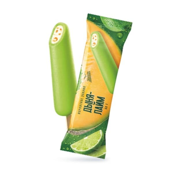 Эскимо сливочное с кусочками дыни, покрытое замороженным лимонным сорбетом "Дыня-лайм", 60г