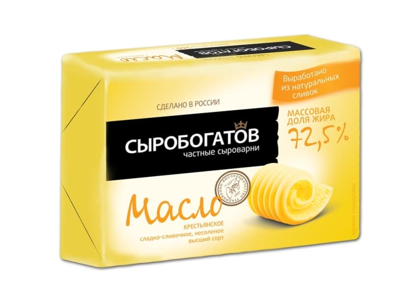 Масло Крестьянское сладкосливочное несоленое 72.5% Сыробогатов, 175 г 