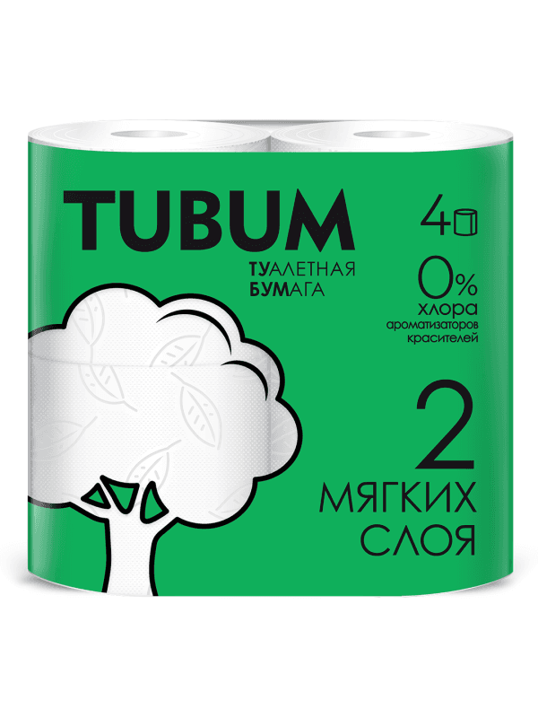 Туалетная бумага 2 слоя белая TUBUM, 4 шт