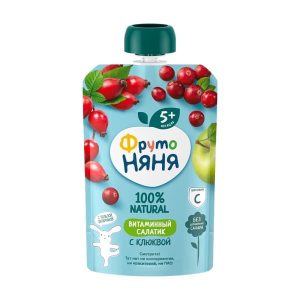 Пюре яблоко, шиповник, клюква - витаминный салатик ФрутоНяня, 90г