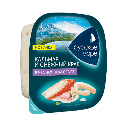 Салат из мяса кальмара и имитации крабового мяса Снежный краб в чесночном соусе Русское Море, 150 гр