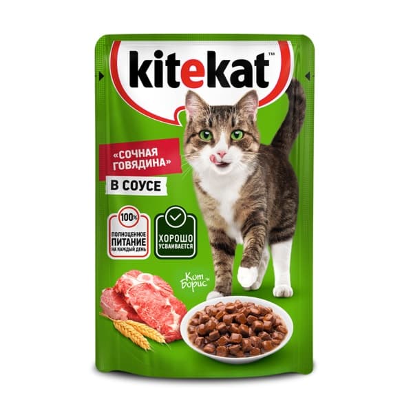 Влажный корм для кошек Говядина в соусе Kitekat, 85г