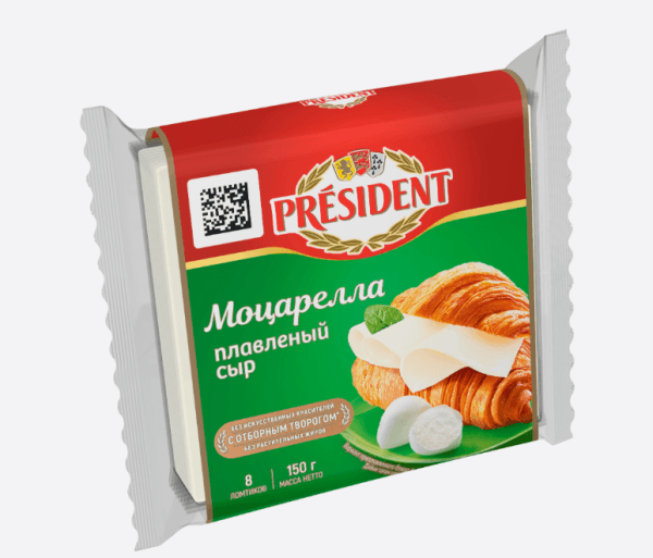 Сыр плавленый ломтевой Моцарелла 45% PRESIDENT, 150гр
