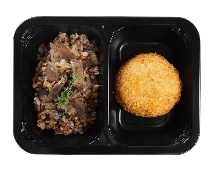 Котлета По-пожарски с кашей гречневой с грибами и жареным луком, 220гр