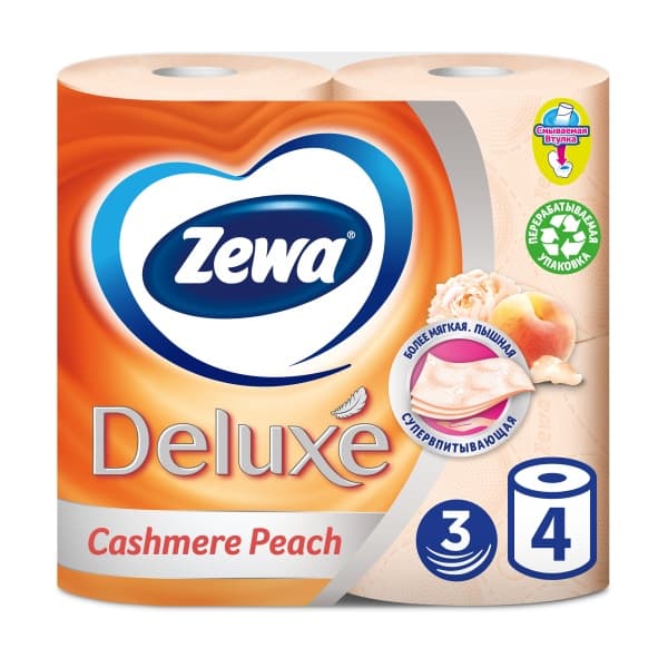 Туалетная бумага 3 слоя Zewa Deluxe персик, 4шт 