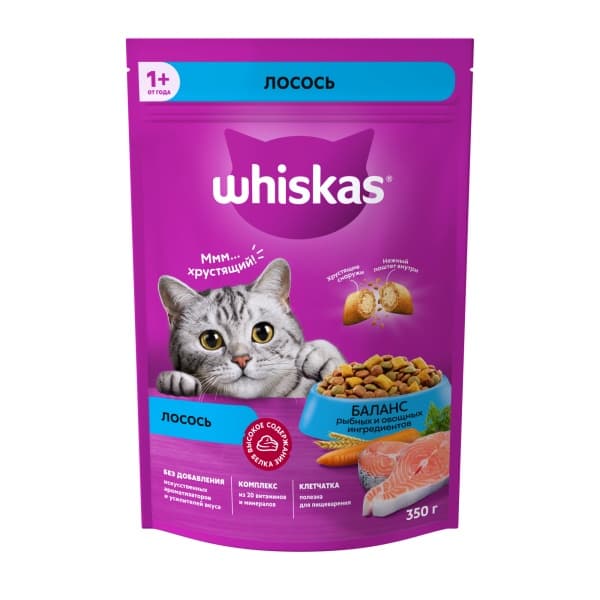 Корм сухой для кошек подушечки с нежным паштетом, с лососем Whiskas, 350г