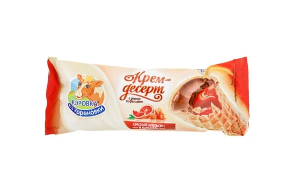 Крем-десерт сливочный со вкусом красный апельсин и карамель в вафельном рожке 25% Коровка из Кореновки, 40 г