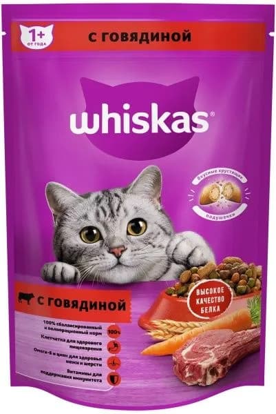 Корм WHISKAS Вкусные подушечки с нежным паштетом. Аппетитный обед с говядиной сухой полнорационный для взрослых кошек 350г