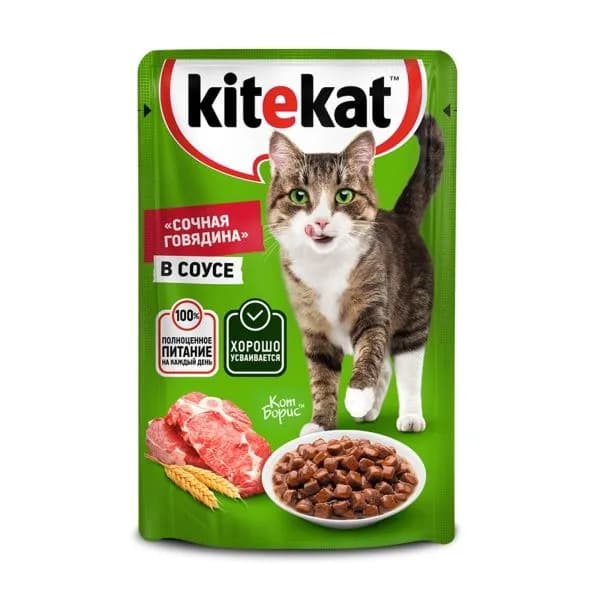 Корм Kitekat со вкусом говядины в соусе «Сочная говядина» для взрослых кошек 85г